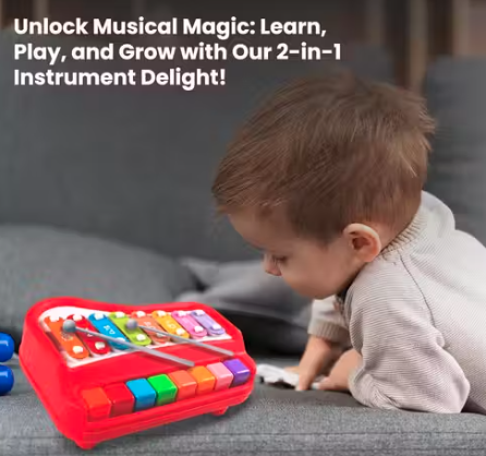 2 in 1 Musical Xylophone and Mini Piano for Kids - Educational Musical Instruments Toy Set for Babies, Non-Battery- Assorted Color