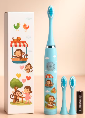 Kids Cartoon Electric Toothbrush with 2 Extra Brush Heads & Battery Included – Gentle Soft Bristles for Easy & Fun Brushing